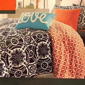Twin Duvet Cover And Standard Sham  Reversable 100% Cotton Orange And Blue NWT